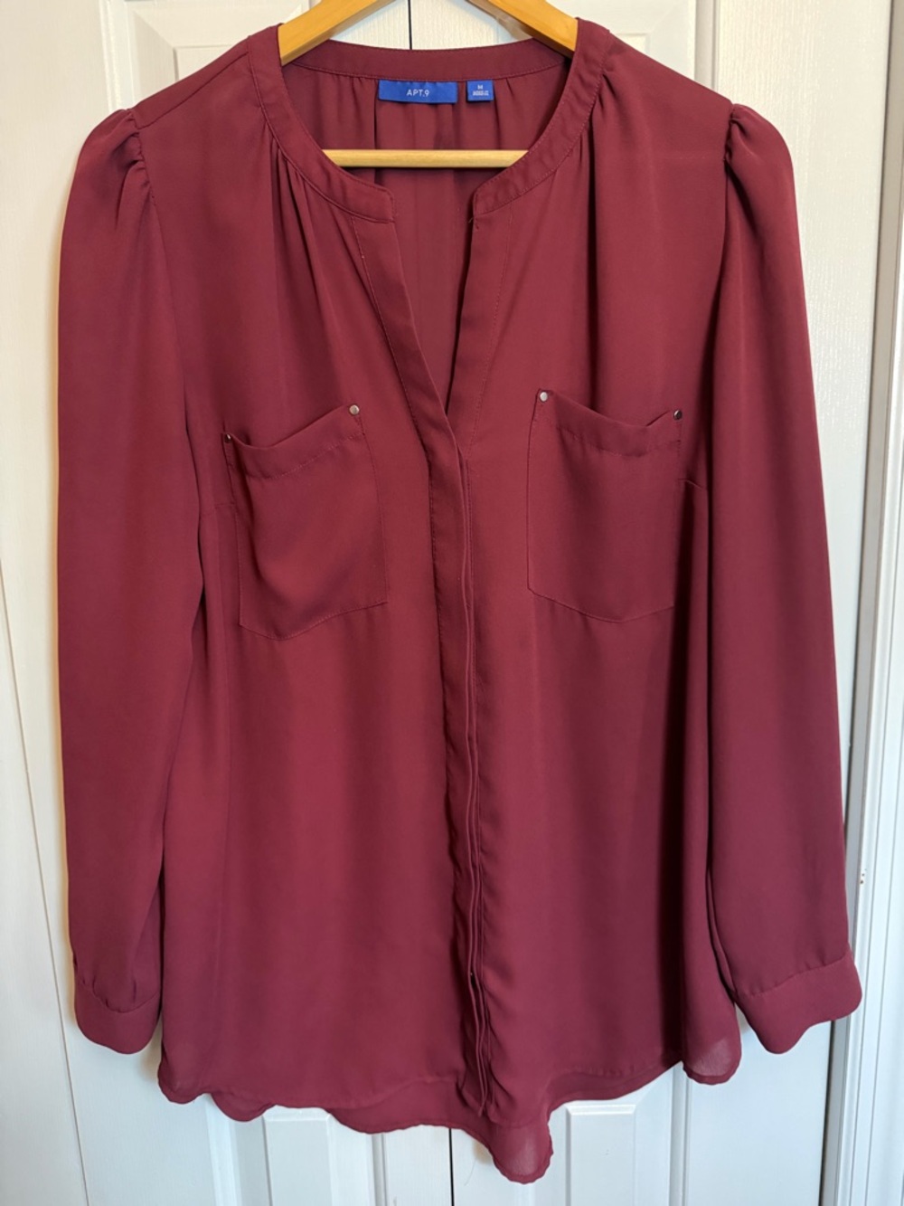 Apt. 9 Popover Blouse Burgundy Wine Long Sleeve Size M